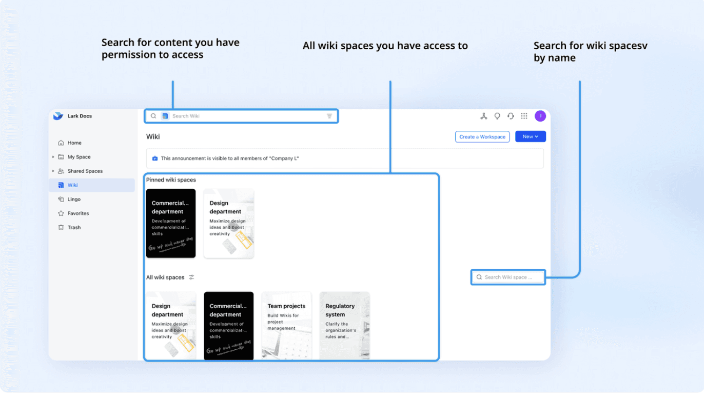 Screenshot of Lark Wikis homepage