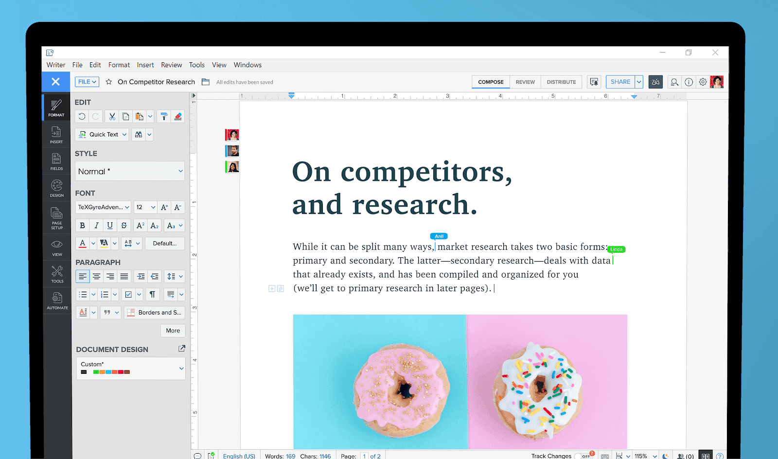 Zoho’s word editing app with the edit panel opened on the left