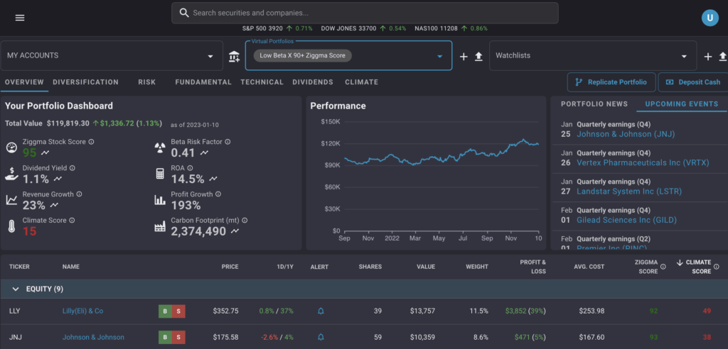 Ziggma portfolio optimization and fundamental tracking