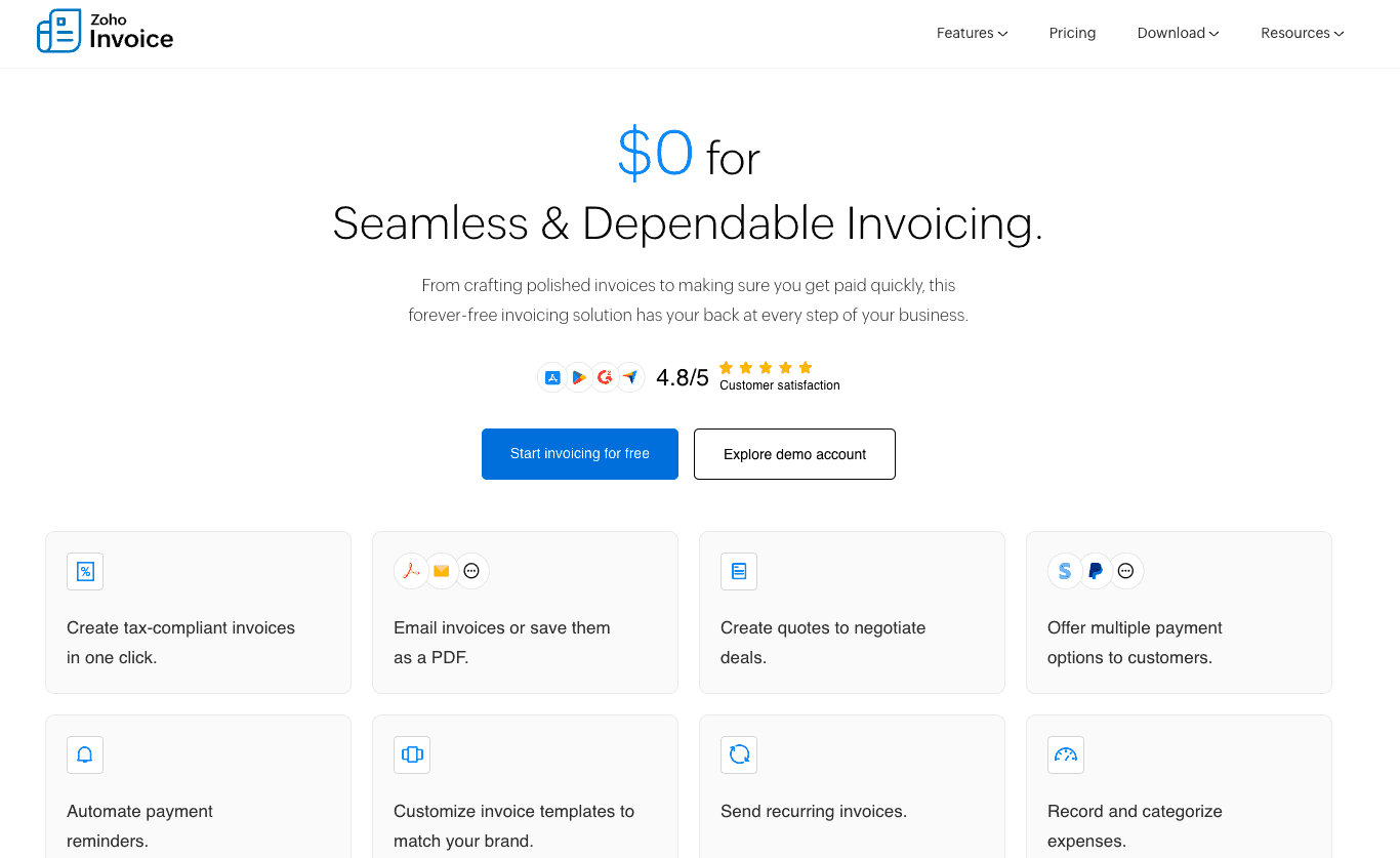 Screenshot of Zoho Invoice pricing page