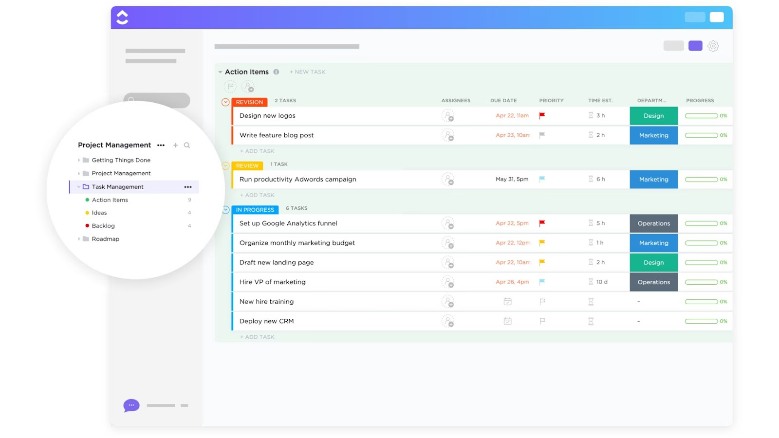 ClickUp’s project management and task tracking dashboard interface.