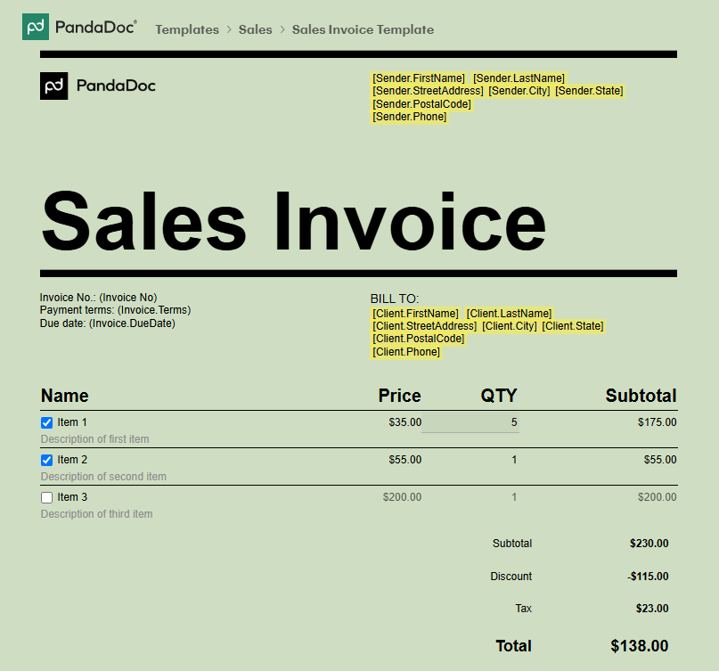 Pandadoc invoice templates