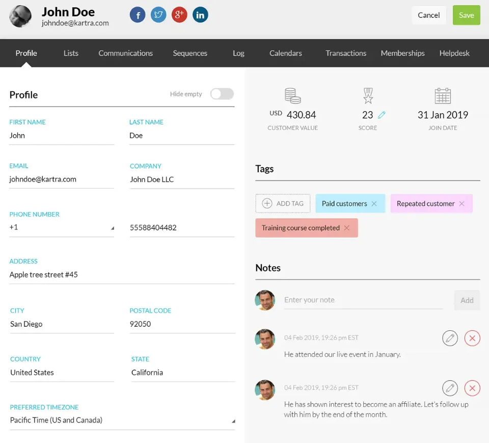 Kartra Sales funnel dashboard for a customer