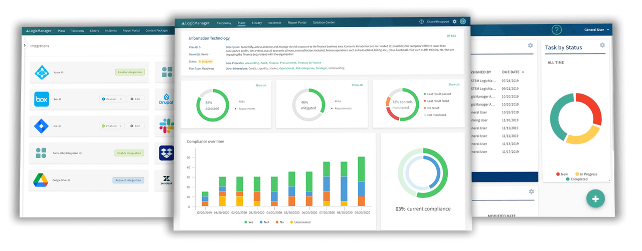 An image displaying three pages of the LogicManager platform