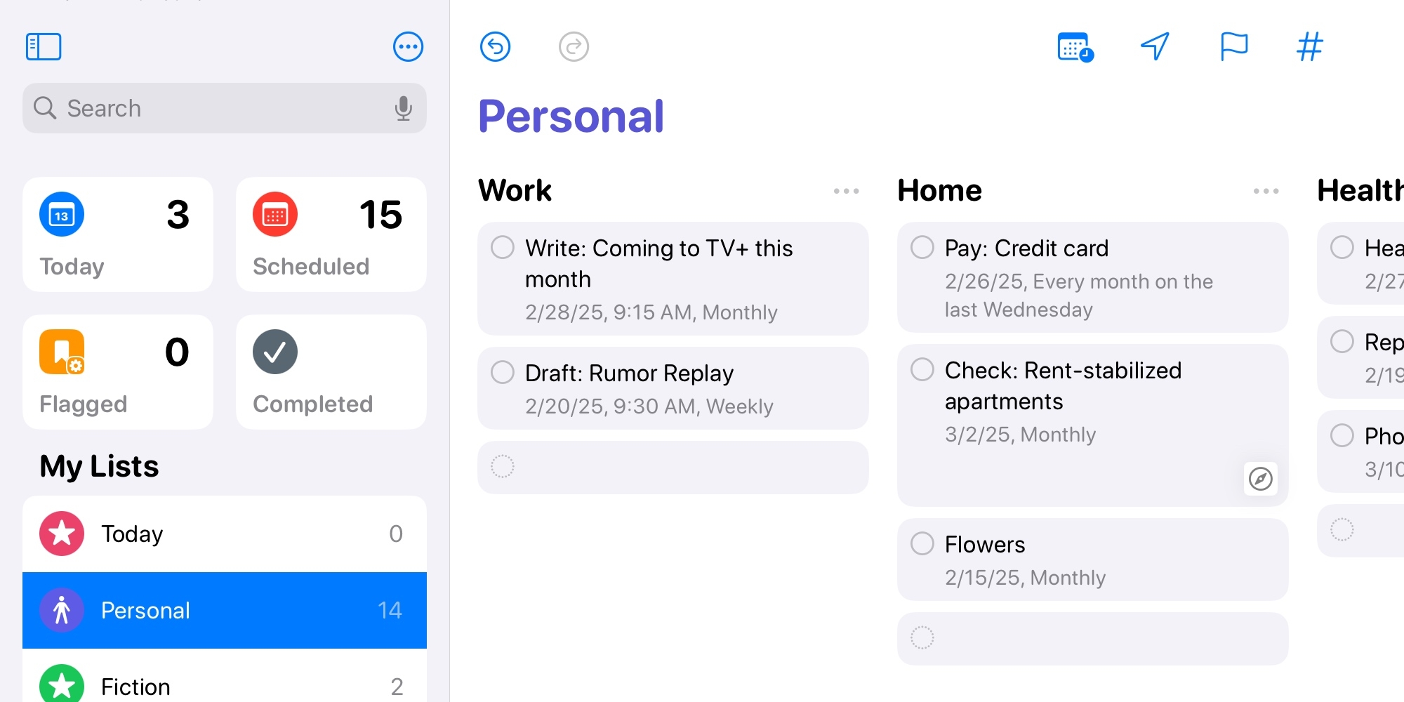 A screenshot of the Reminders app