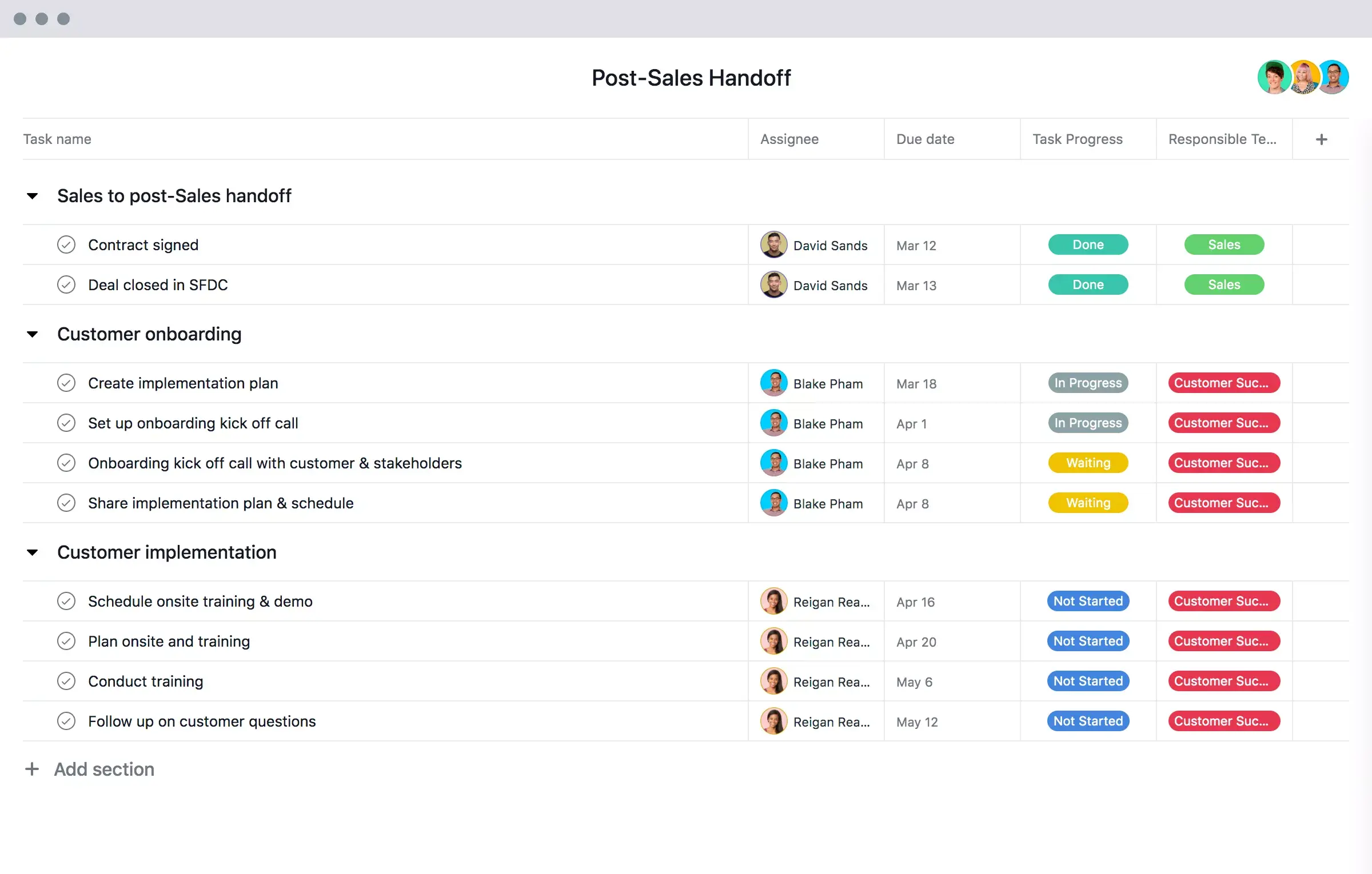 Asana CRM: Post-sales handoff template