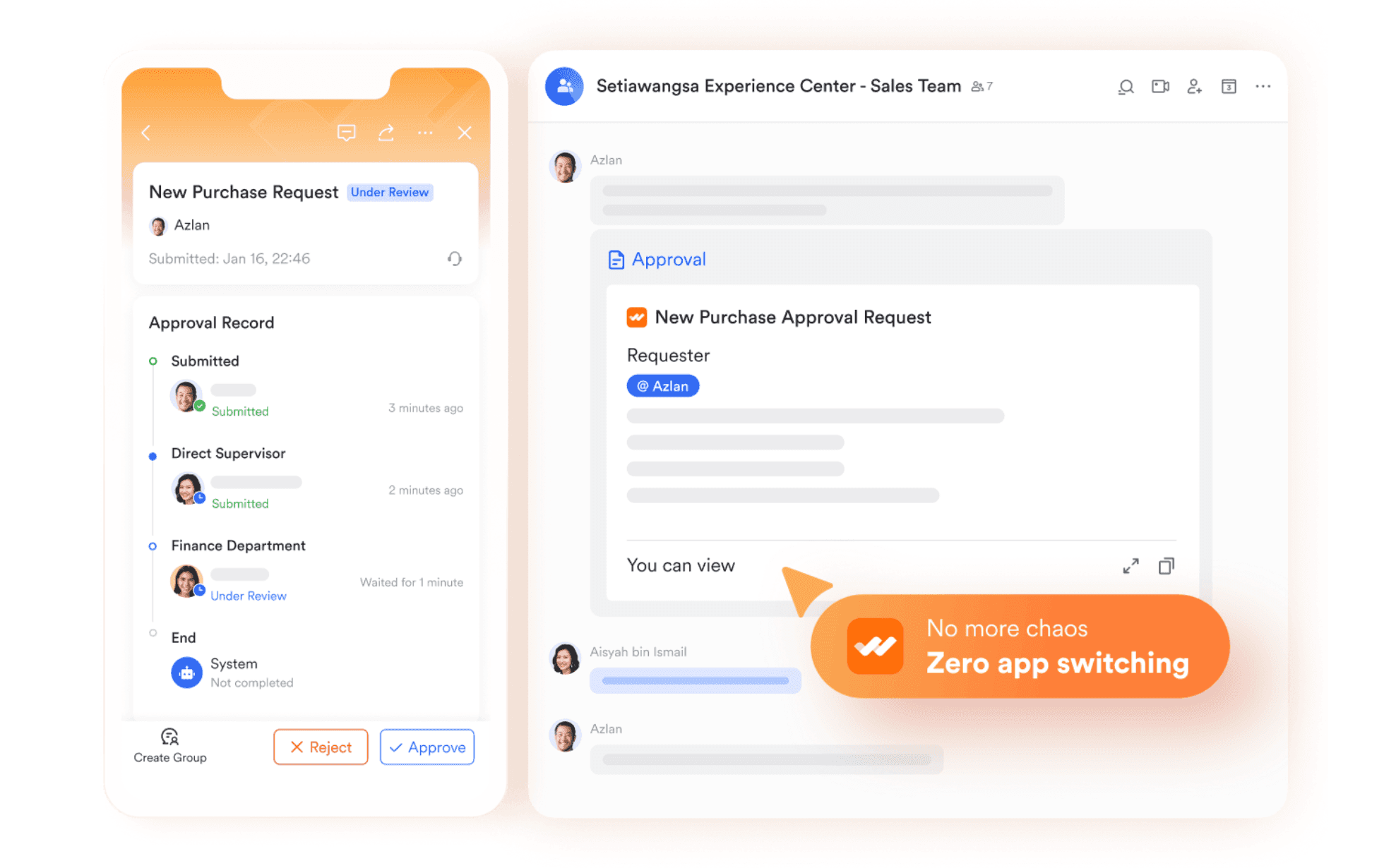 Approval workflow for a procurement request in Lark Approval, an all in one approval hub for every workflow