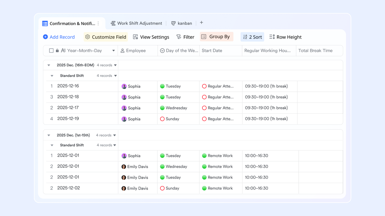 Lark Base: customizable shift schedule management engine