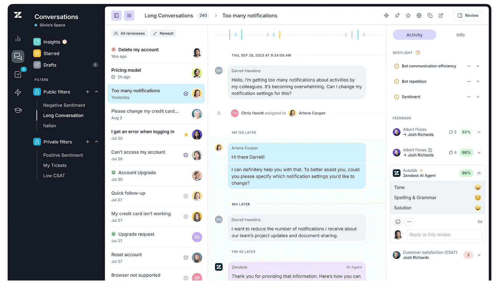 Zendesk Sell AI-powered customer satisfaction level rating