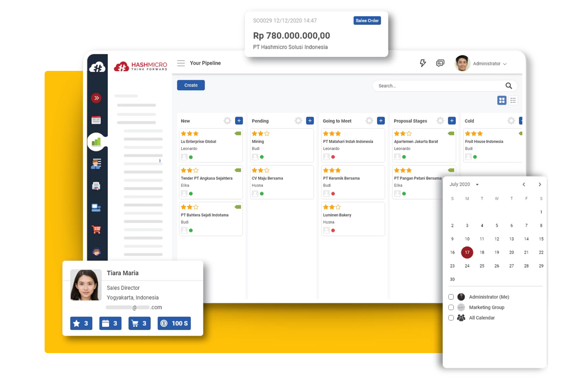 HashMicro dashboard combining ERP and CRM tools to manage the full sales cycle alongside inventory and finance