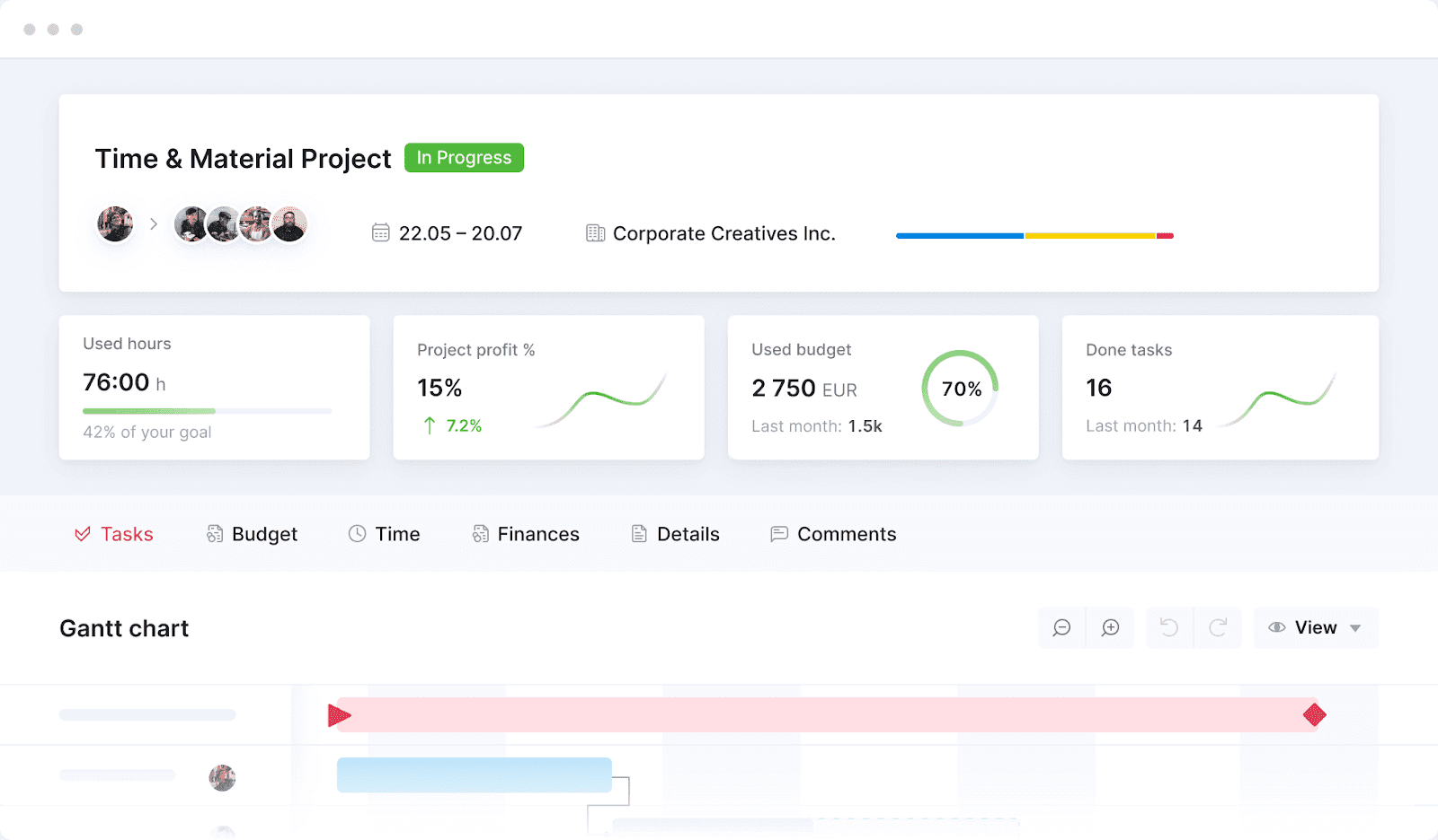 Scoro's dashboard for managing a time and material project