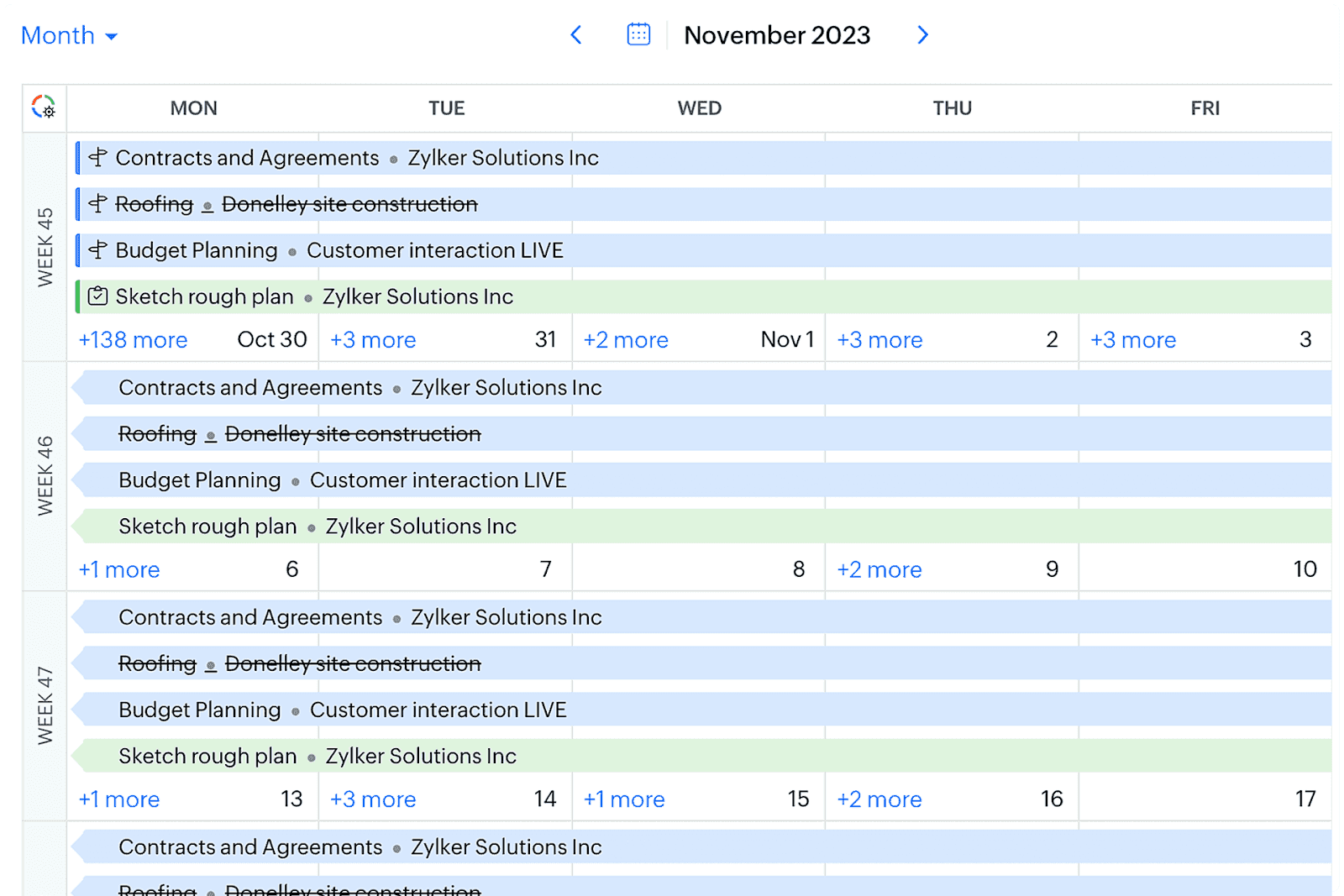 A screenshot of Zoho Project’s task calendar 