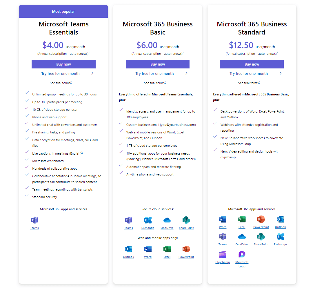 Screenshot of Microsoft Teams pricing plans
