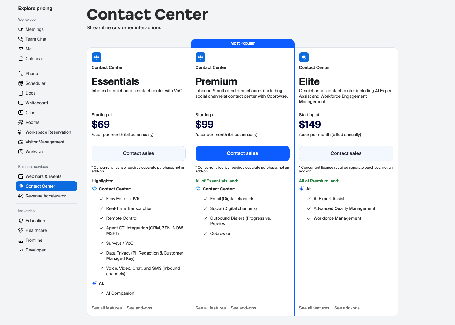 Zoom Contact Center pricing plans