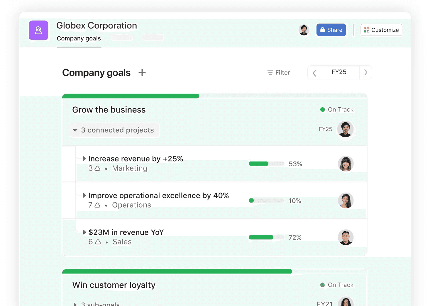 Asana interface displaying company goals