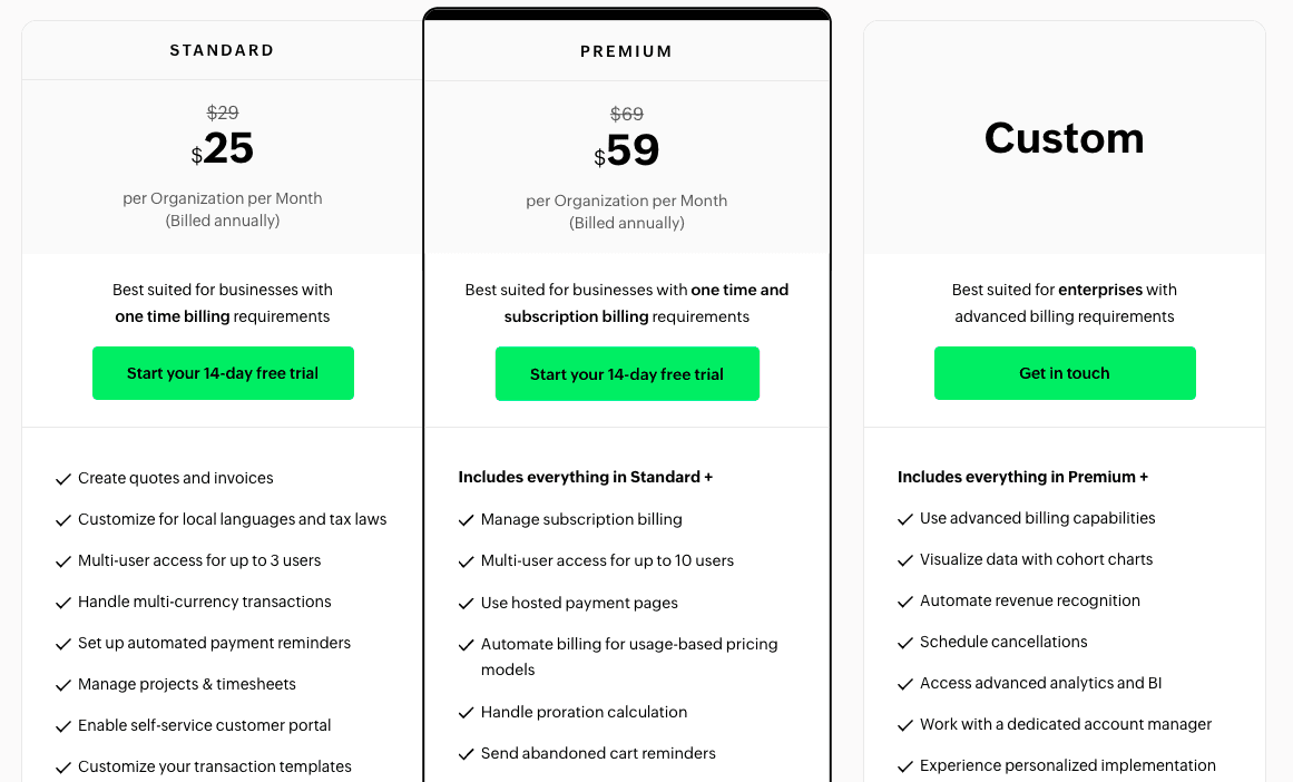 Screenshot of Zoho Billing pricing page