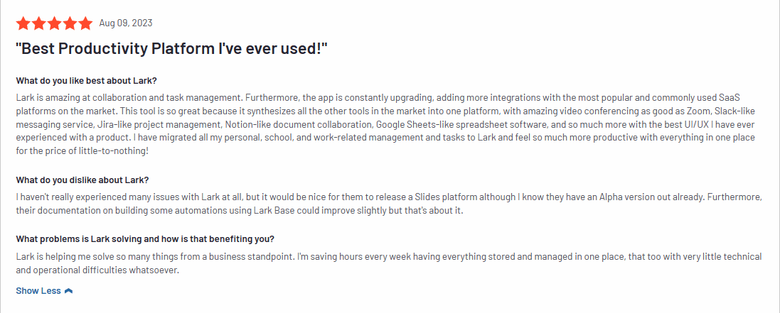 Screenshot of Lark user review