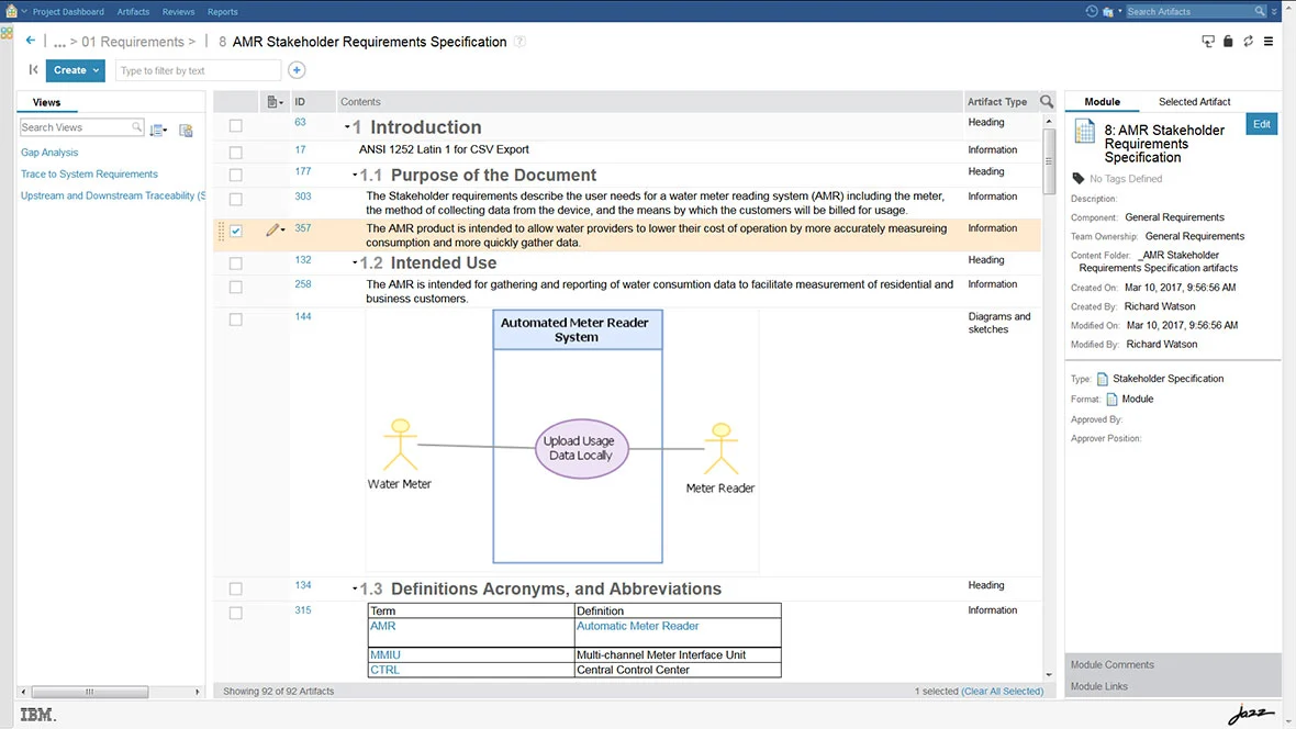 Interface of IBM DOORS NEXT, with details of stakeholder needs