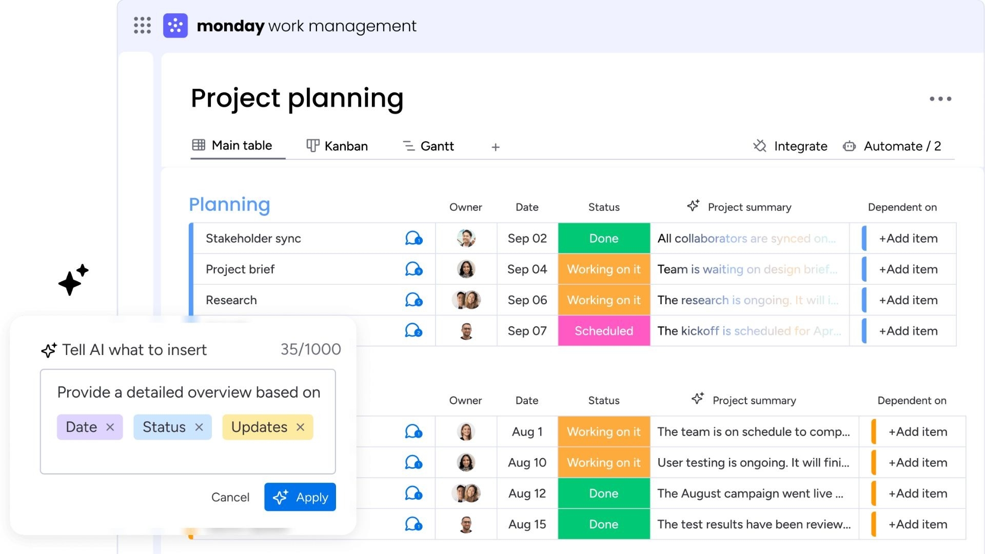 Interface of monday project management