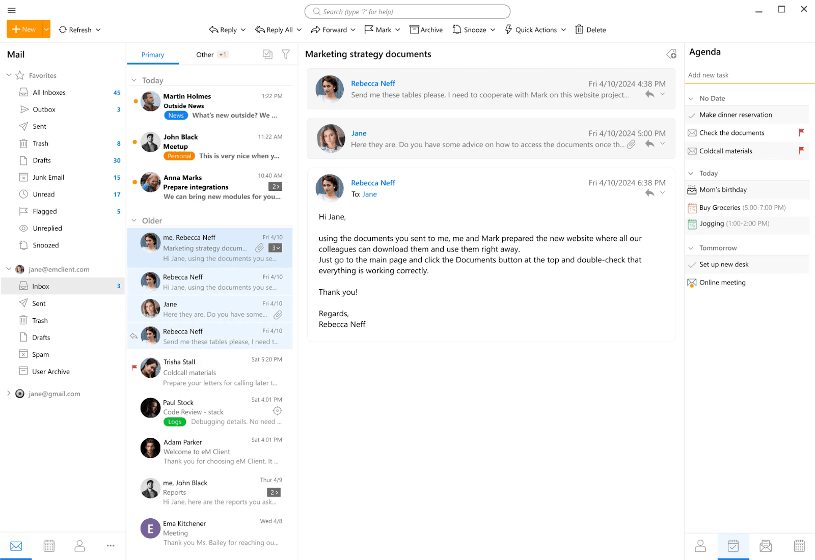Interface of eM Client&nbsp;