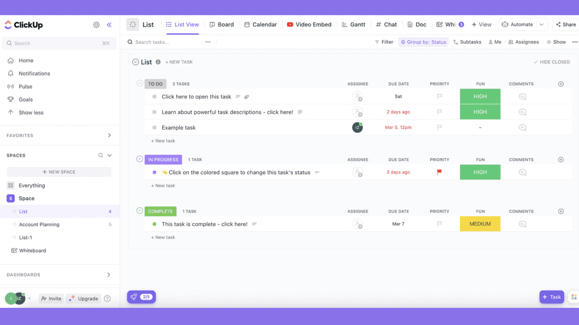 Clickup’s interface in list view for organizing tasks