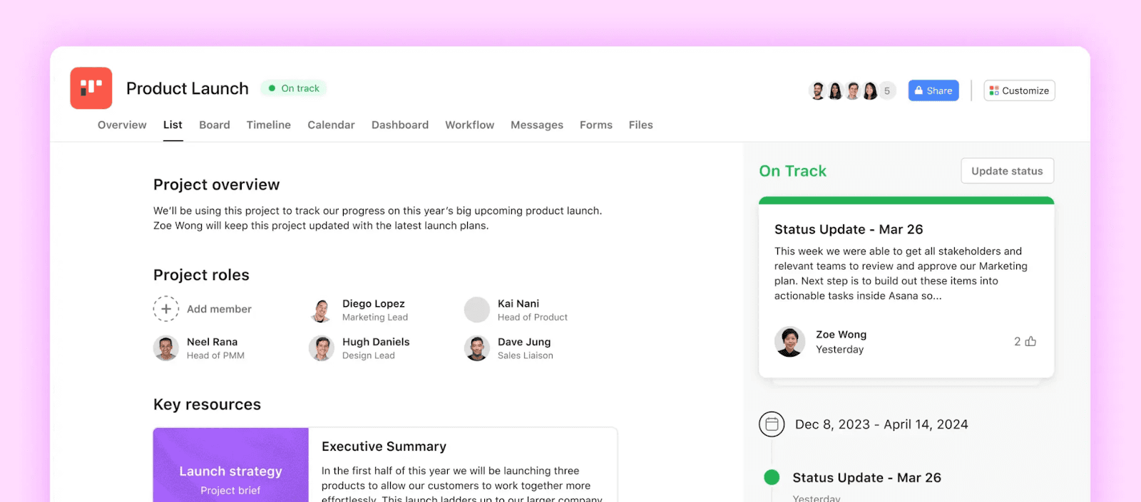 Asana's project overview for a team's product launch