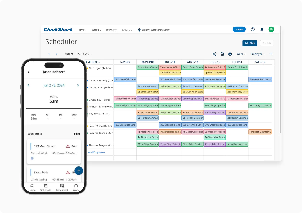ClockShark scheduling and time tracking dashboard