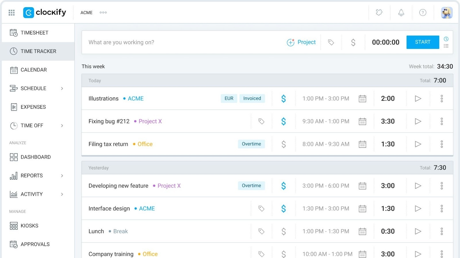 Clockify's time tracker interface