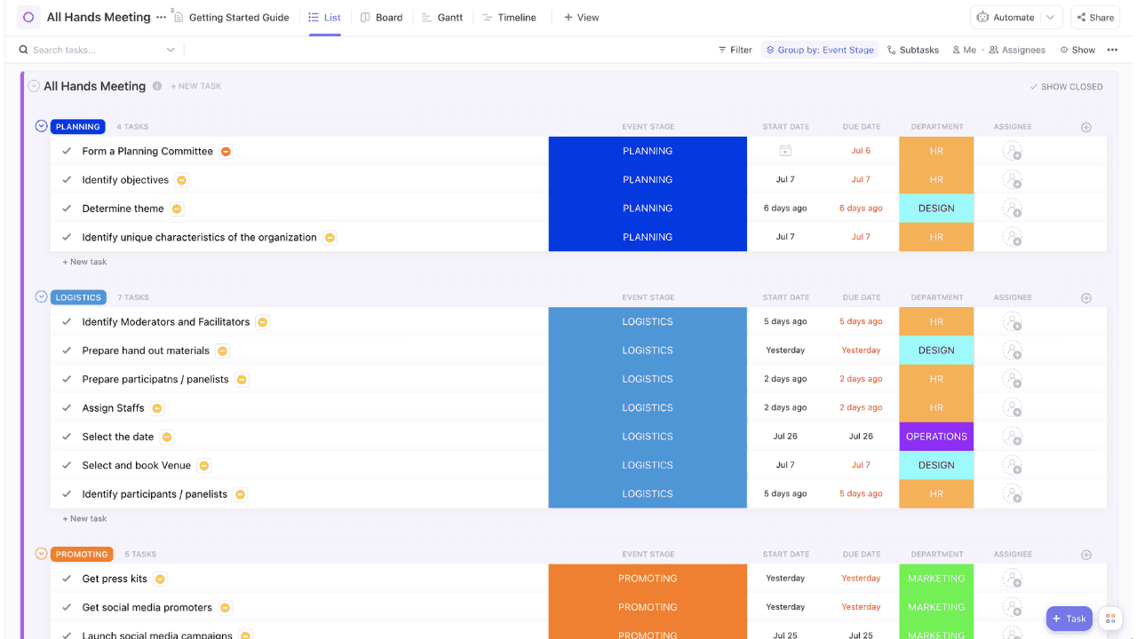 ClickUp’s task manager in list view