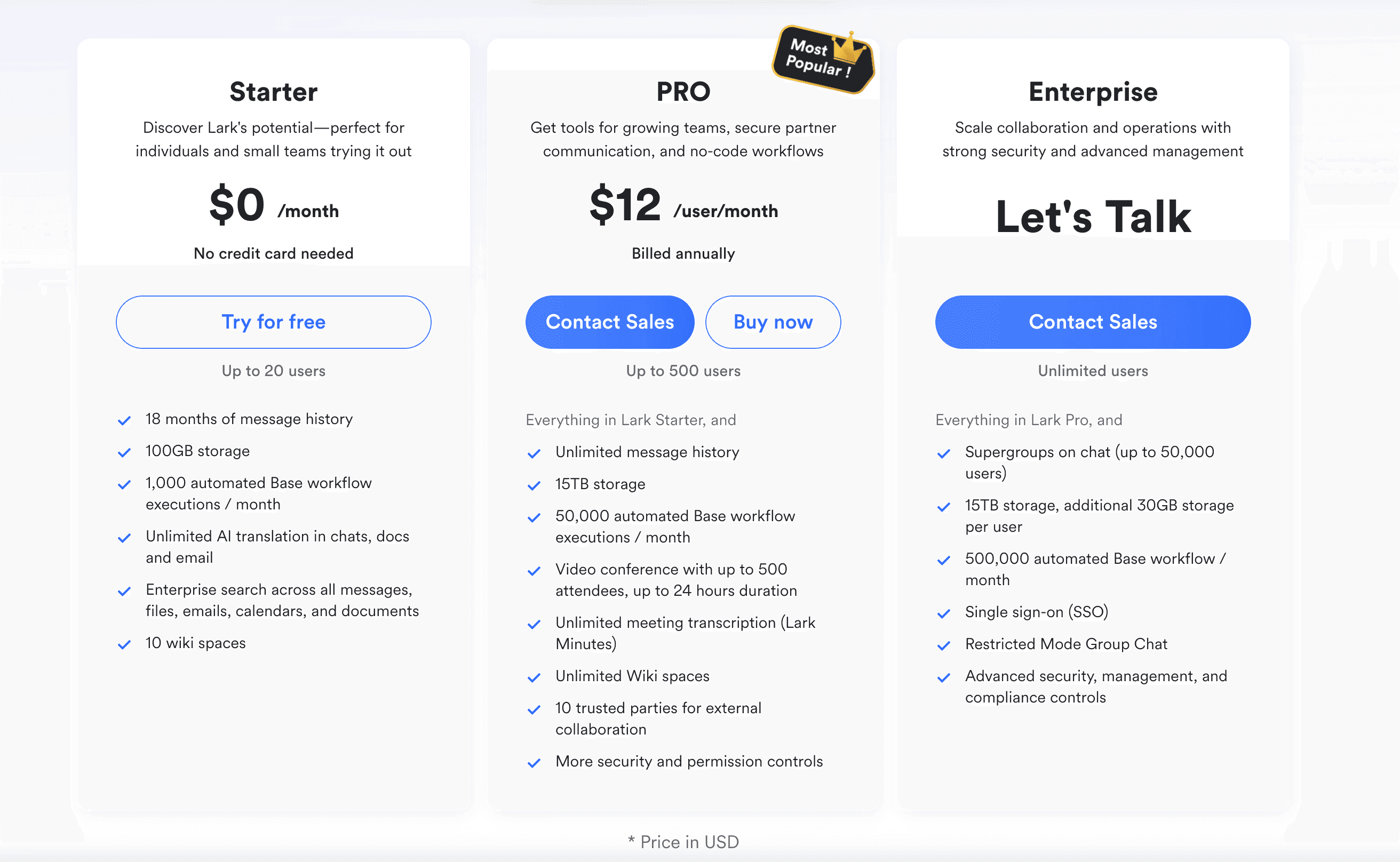 An image of Lark's pricing plan