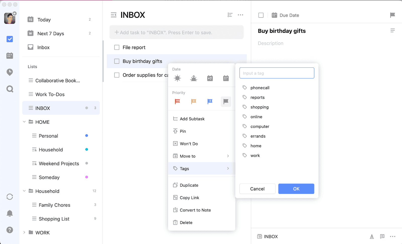 TickTick working space overview