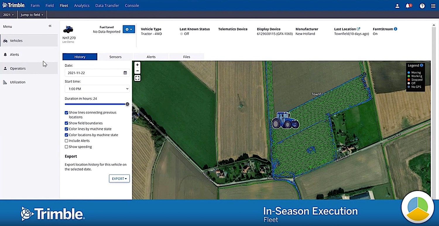 Trimble Ag Software dashboard showing field boundary mapping and in-season execution