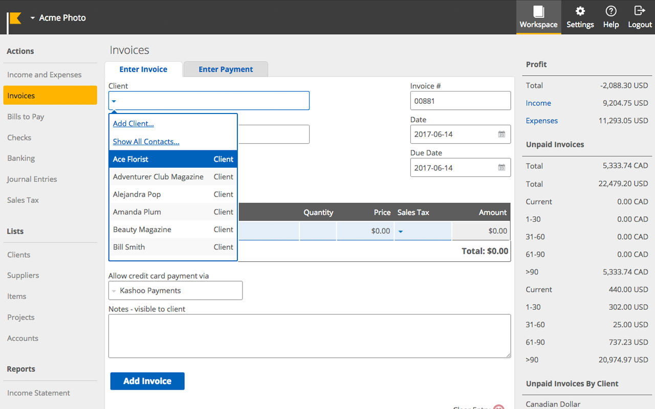 Simple bookkeeping cloud software interface
