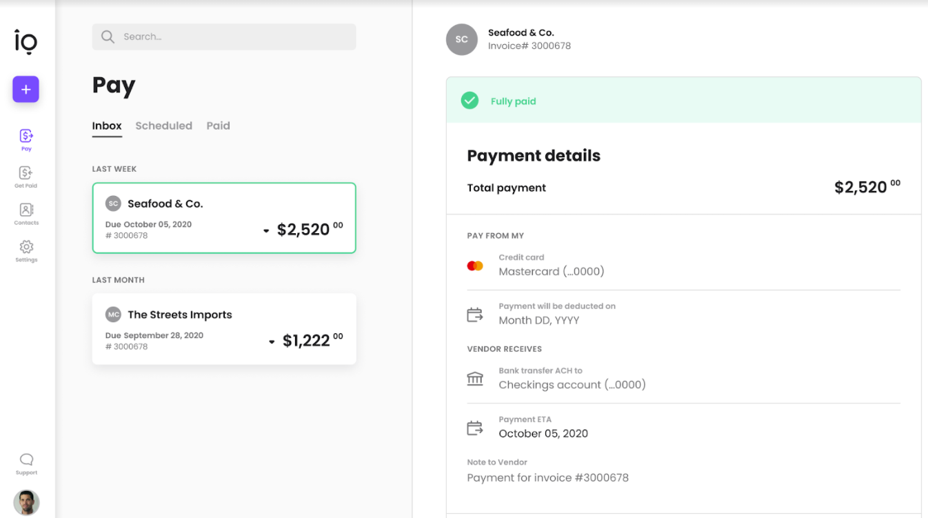 Melio payments dashboard with invoice payment details and status