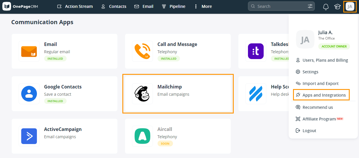 Mailchimp CRM showing email marketing automation and analytics