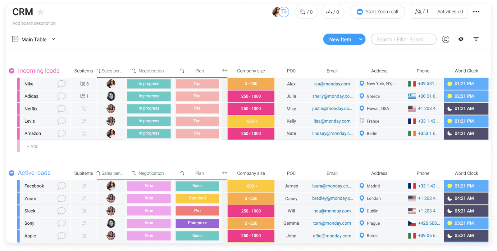 Monday’s interface showing a CRM table with a variety of fields to record client info / Image source: Monday.com