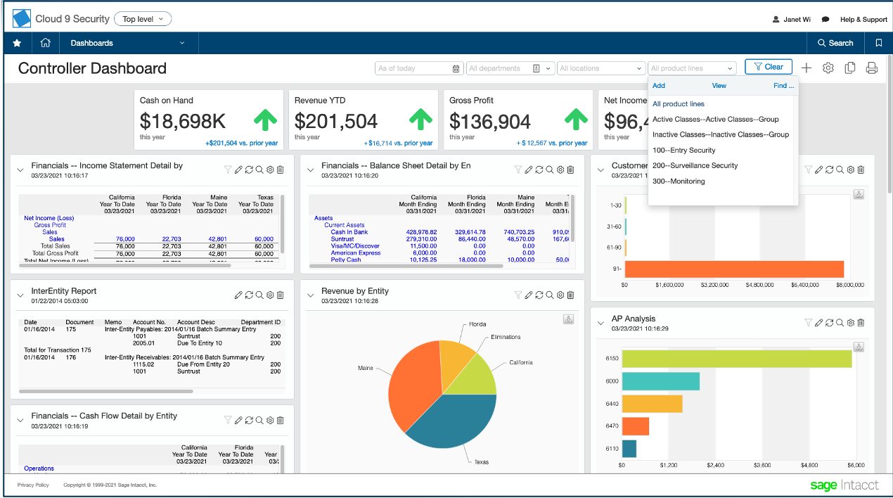 Sage Intacct dashboard with financial metrics, and reports