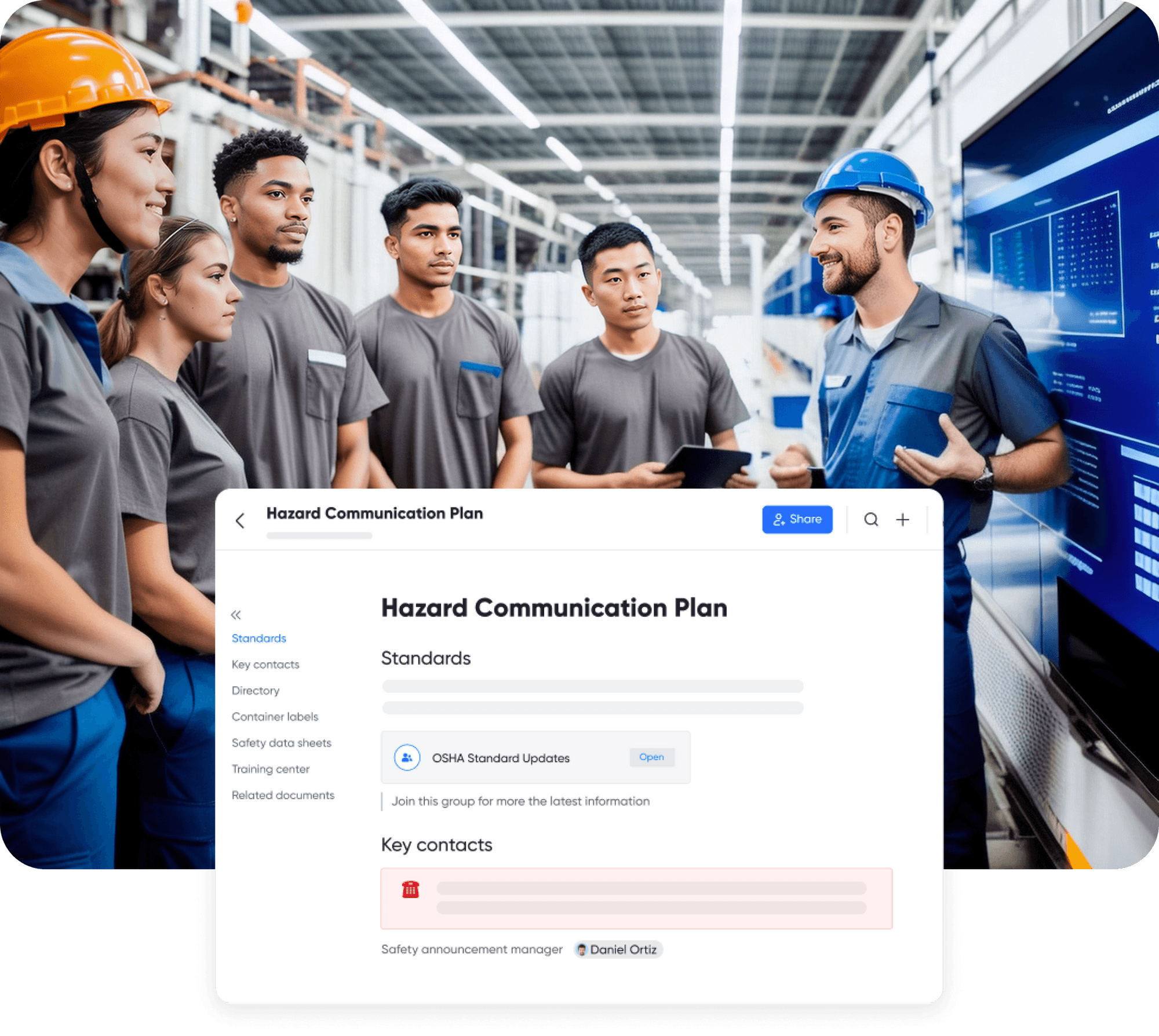 A group of factory workers are looking at a large screen with hazard communication plan on the screen, learning about safety tips and hazard communication protocols together carefully.