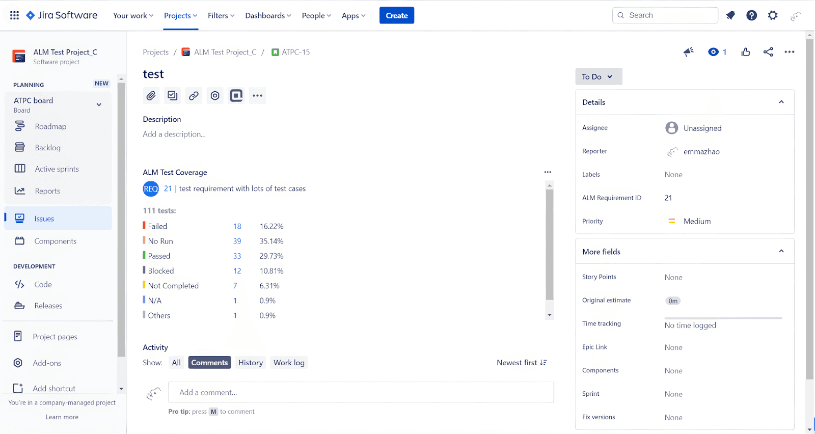 Jira Software's issue tracking dashboard for an ALM project