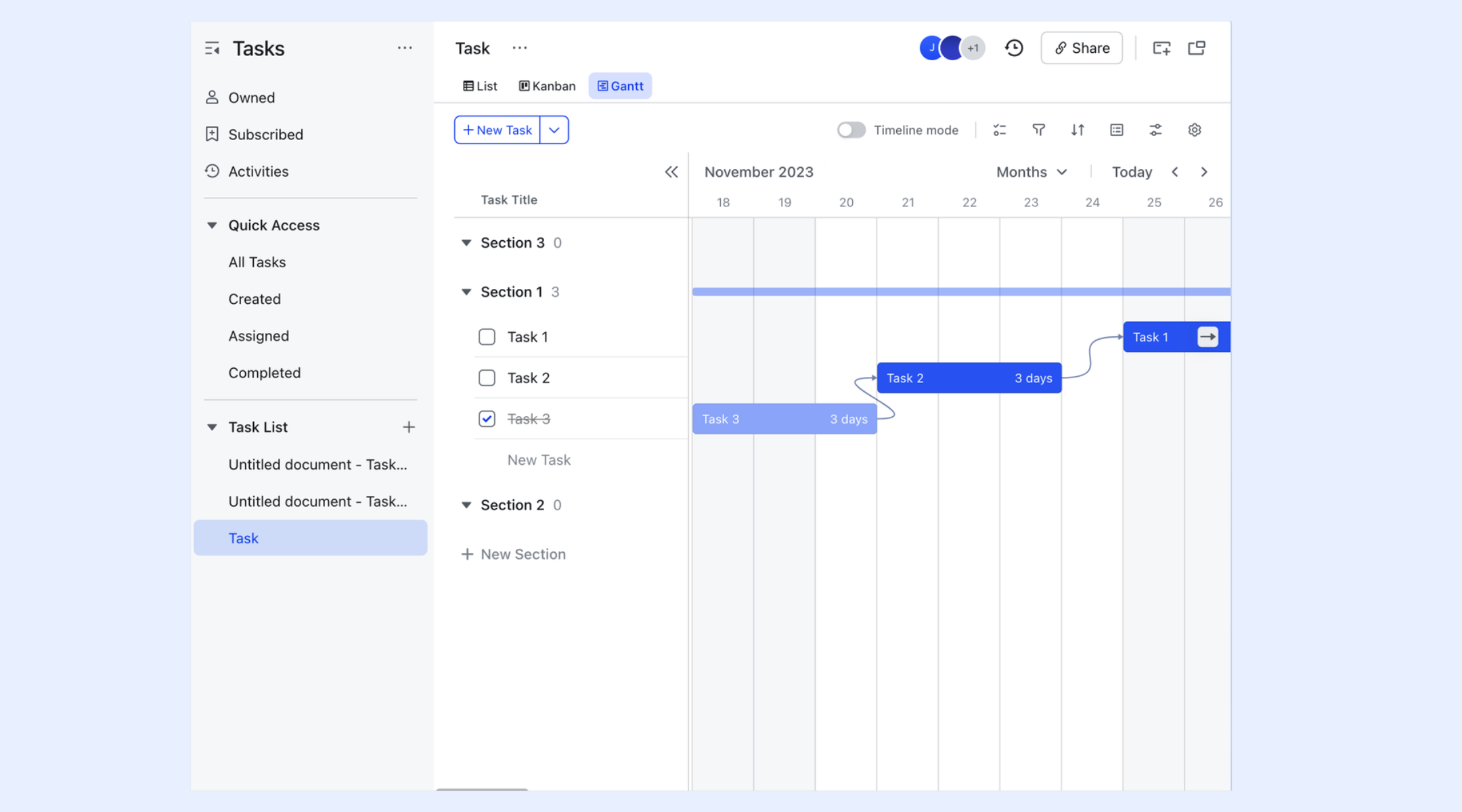 Task dependencies, durations, and milestones