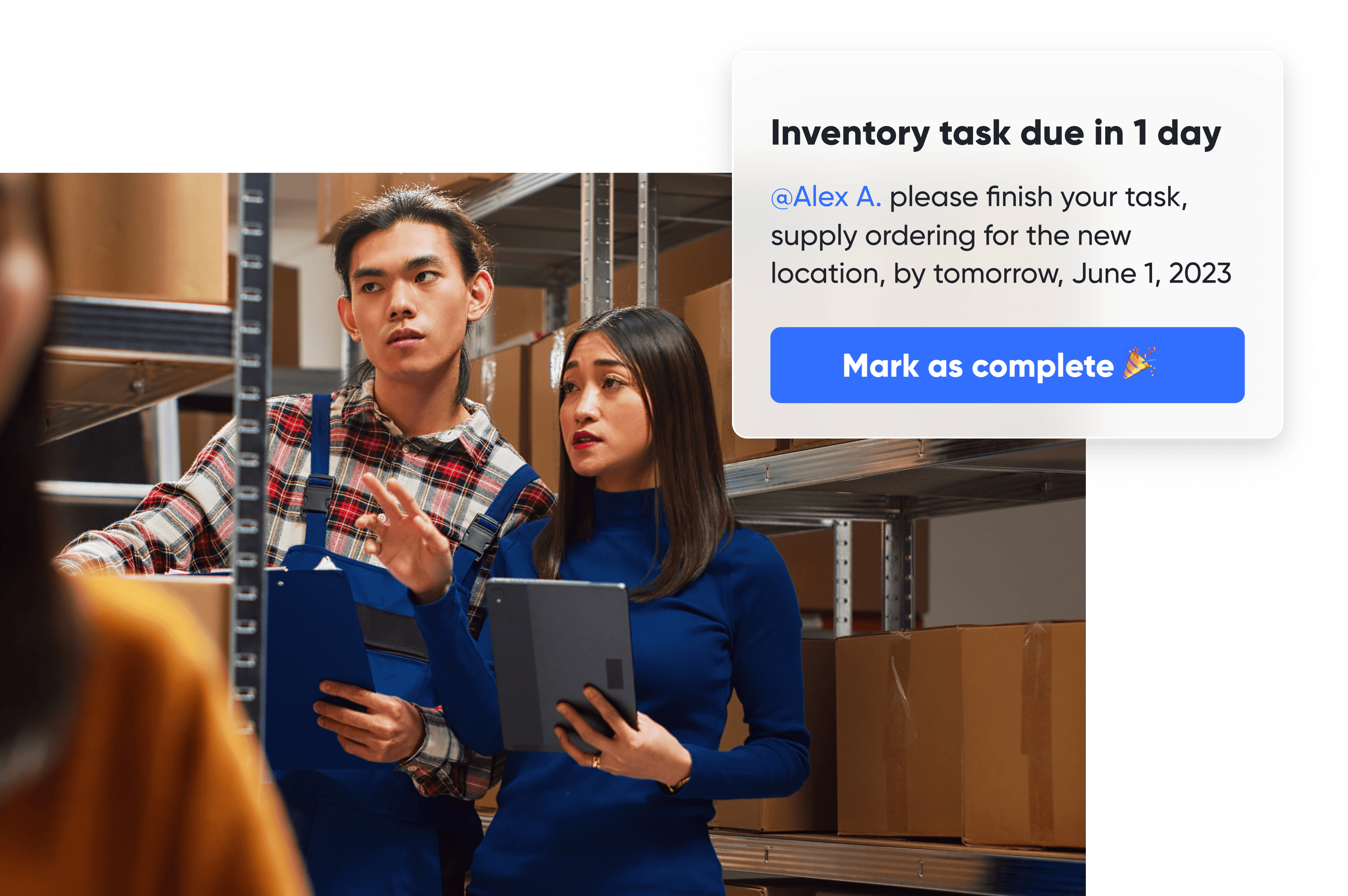 Opening a restaurant checklist with step 3 being task assignment and tracking. Two inventory managers are checking through incoming supplies for the new store, with a notification on the tablet reminding them of an upcoming task due for inventory management.