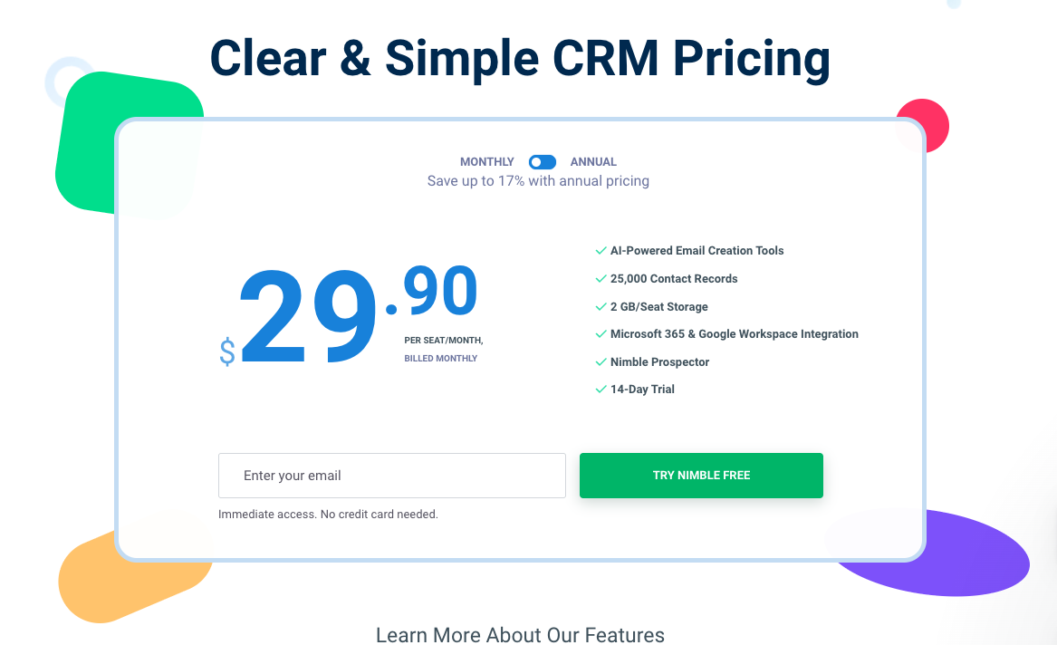 Nimble pricing: monthly plan