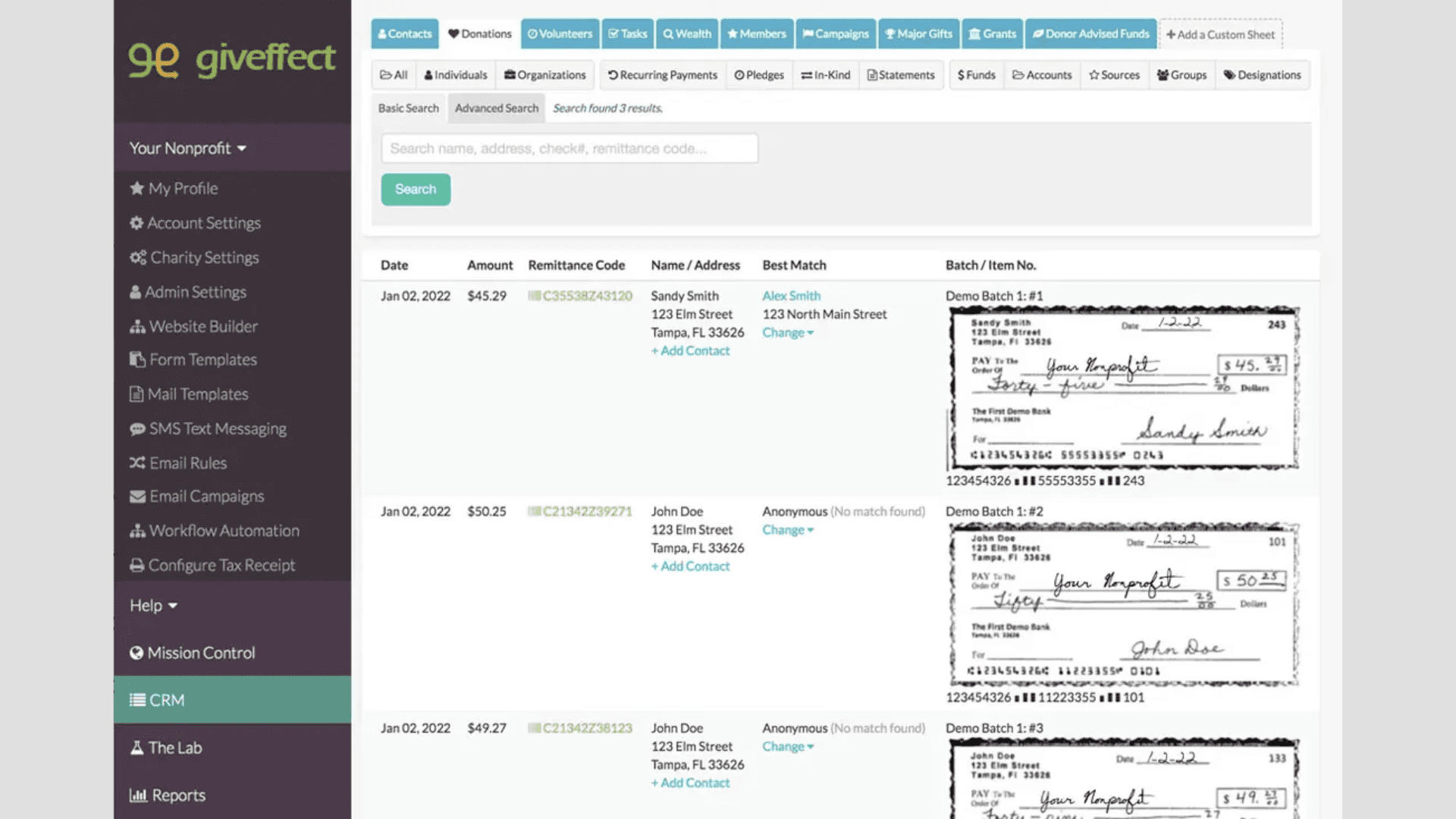 Interface of Giveffect’s CRM