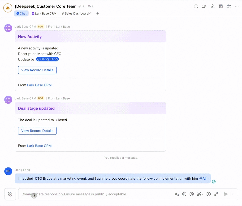 Create new customer activity in Lark