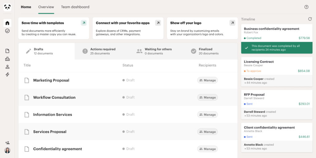 PandaDoc supports document generation for sales, proposals, and contracts