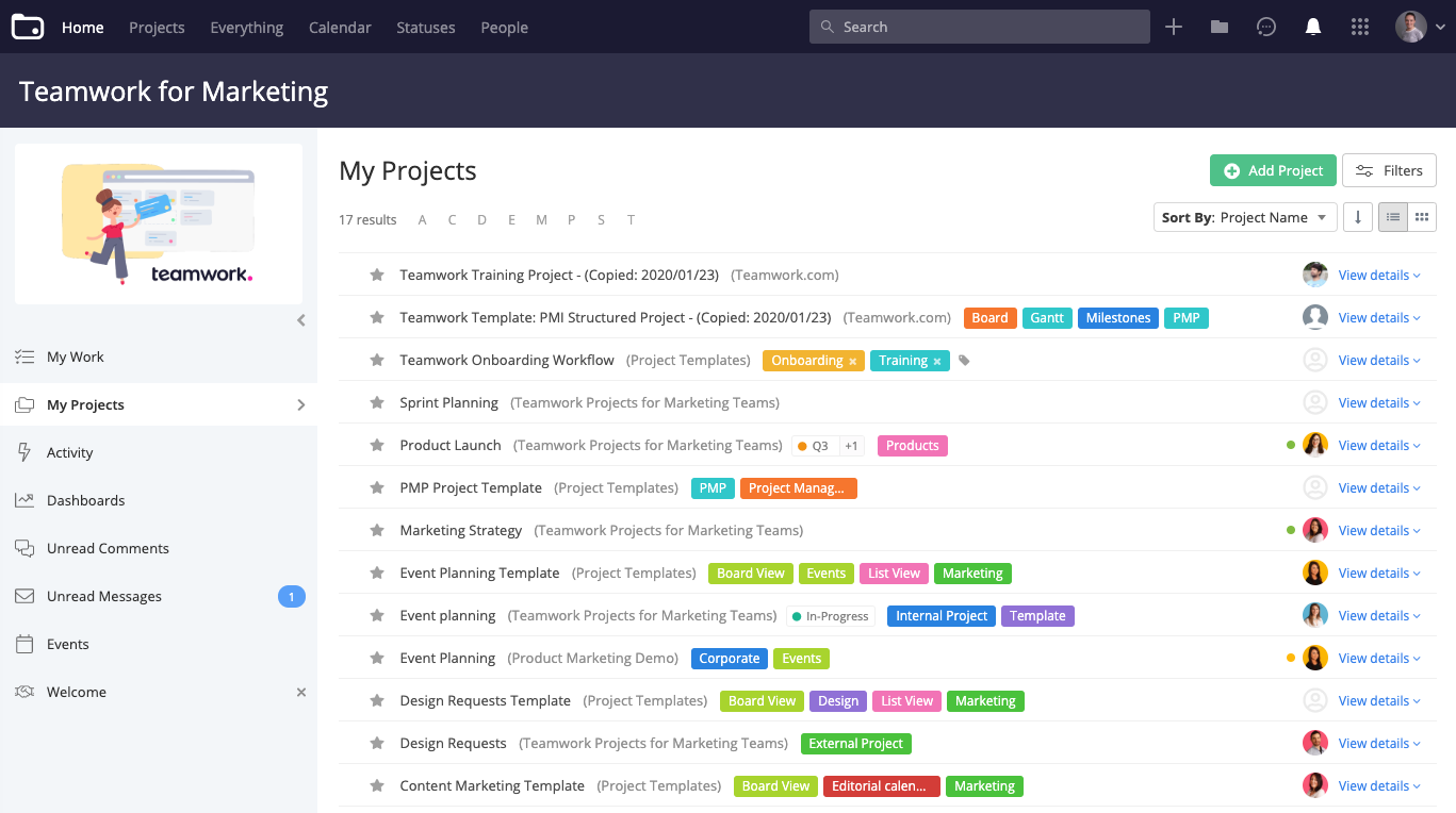 Teamwork interface with client projects, task tracking, and deadlines