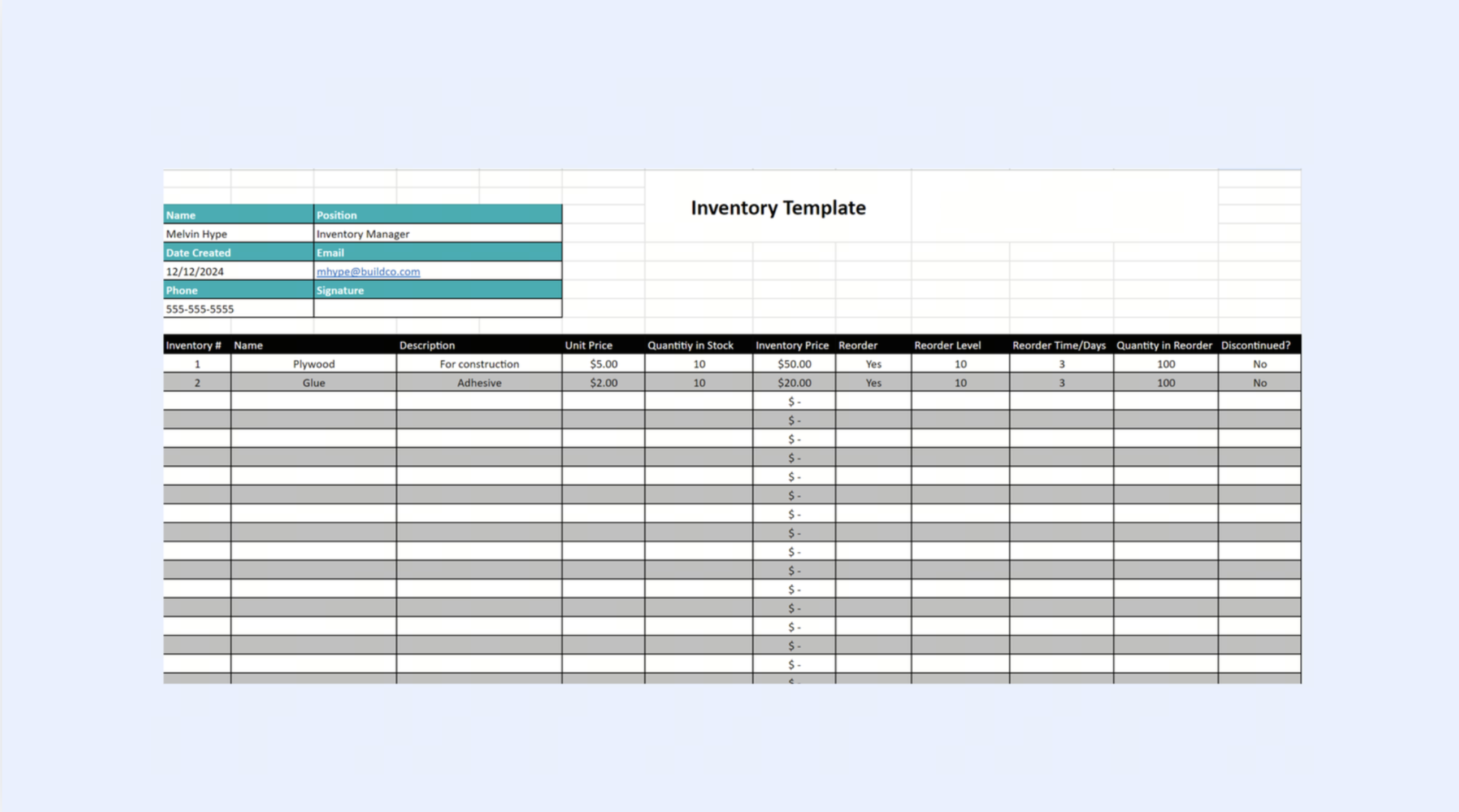 Inventory spreadsheet template Excel