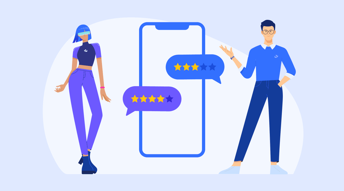 A graphic showing users and a smartphone with reviews in it.