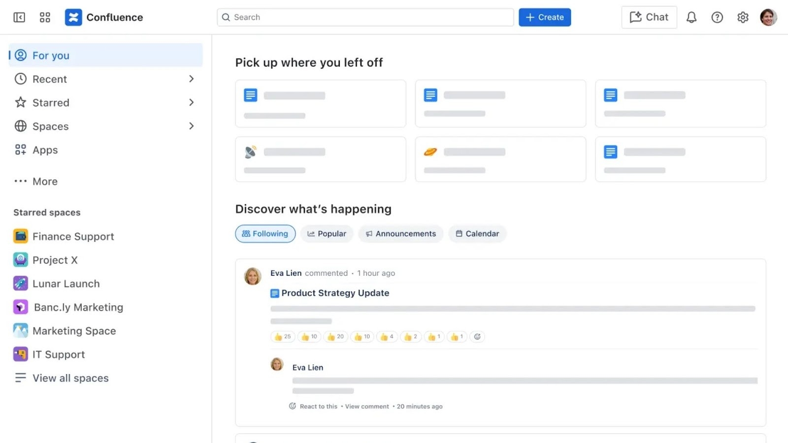 Confluence's project collaboration and knowledge management homepage