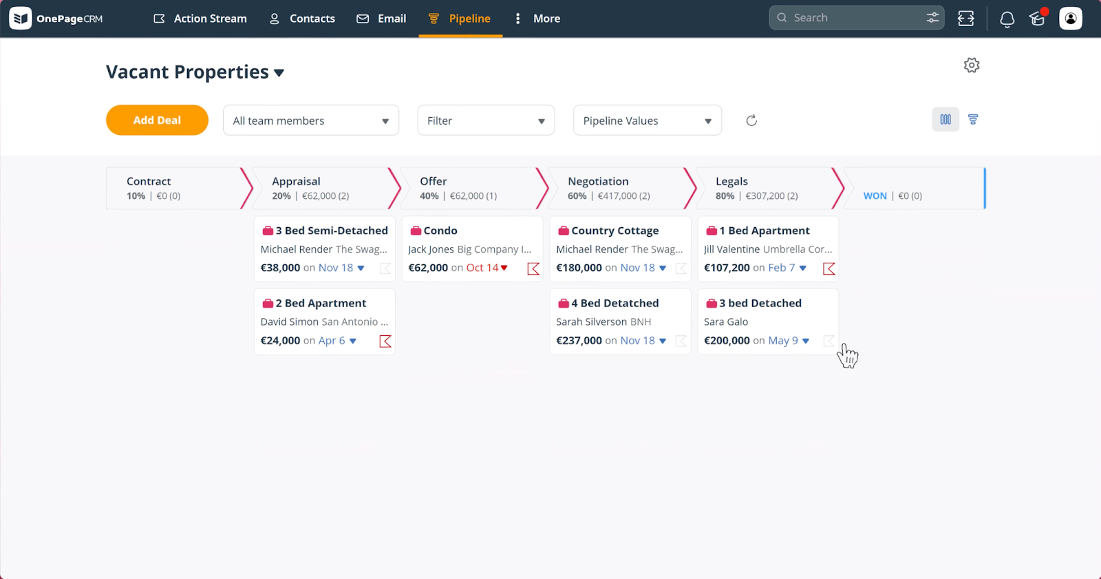 OnePageCRM's action-focused visual sales pipeline interface